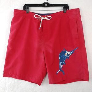 Tommy Bahama Red board shorts with signature marlin fish design - size L